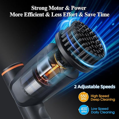 Electric Spin Scrubber,Cordless Shower Scrubber with LCD Display,2 Speeds Electric Scrubber with 6 Replaceable Heads,Handheld Cleaning Brush for Kitchen/Bathroom/Tile/Tub(Gray-Black)