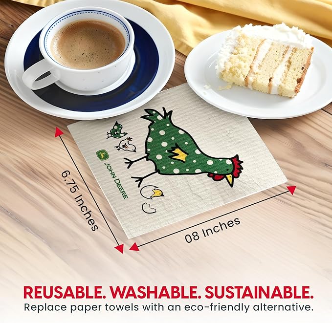 Wet-It! John Deere 2-Pack Sponge Cloths for Farmhouse Kitchen Décor, Absorbent Dishcloths for Cooking, Cleaning & Baking, Rustic Country Design for Everyday Use (Chix Towle)