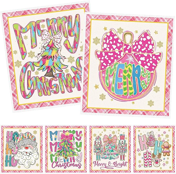 Christmas Swedish Dishcloths for Kitchen - 6PCS Pink Christmas Swedish Cloths for Washing Dishes, Nutcracker Xmas Reusable Dish Towels, Gingerbread Washable Cleaning Sponge Gifts Fast Drying