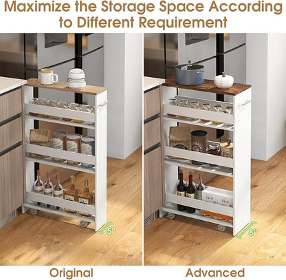 Giantex 4 Tier Rolling Slim Storage Cart, 8" Narrow Slide Out Kitchen Cart w/Handle & Open Shelves, Space-Saving Compact Mobile Utility Trolley for Small Space Laundry Room (White & Natural)