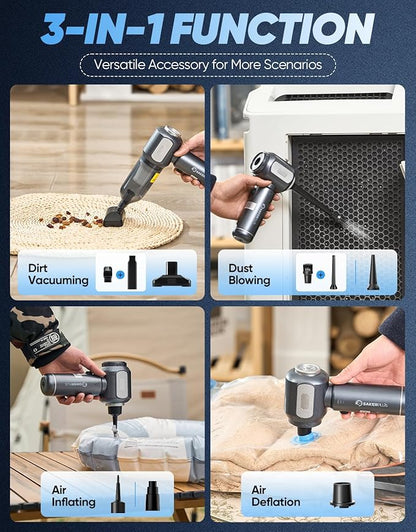 Sakerplus Mini Vacuum Cleaner, Cordless Car Vacuum, 17500PA High Suction, 3 in 1 Handheld Vacuum, Vacuuming, Blowing, Inflating, Deflation, Portable Vaccum with HEPA Filter for Cars,Desktop,Home SW106