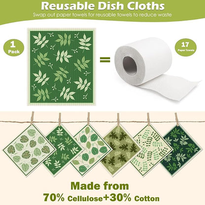 6 Packs Swedish Paper Cloths for Kitchen, Reusable Paper Towels Washable Dish Rags, Highly Absorbent Kitchen Towels Quick Drying Swedish Sponge Cleaning Dish Cloths(Green Plant Leaves)