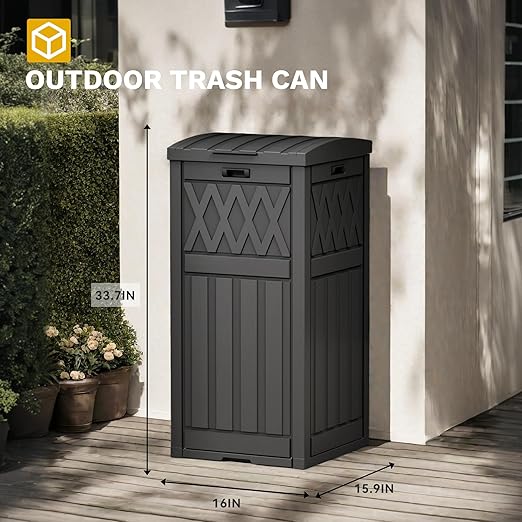 YITAHOME Outdoor Trash Bin with Layered Lid & Drip Tray 33 Gallon, Resilient Waterproof Garbage Can for Kitchen, Patio, Deck, and Backyard (Black)