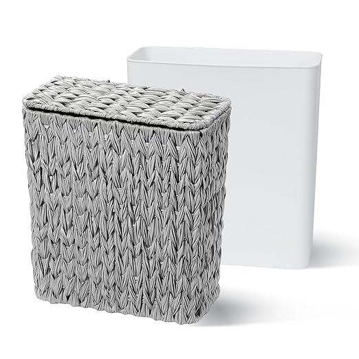 Coeusy 3 Gallon Wicker Trash Can,Grey Bathroom Trash Cans with Lid,Waterproof Slim Waste Basket for Bedroom,Home Office,Narrow Garbage Can with Removable Liner