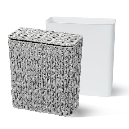 Coeusy 3 Gallon Wicker Trash Can,Grey Bathroom Trash Cans with Lid,Waterproof Slim Waste Basket for Bedroom,Home Office,Narrow Garbage Can with Removable Liner