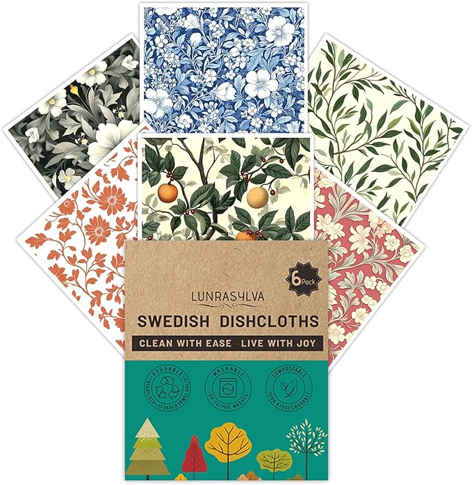 Swedish Dishcloths for Kitchen 6 Pack, Reusable Paper Towels Super Absorbent, Biodegradable Quick Drying Washable Dish Cloths Dishwasher Safe, Perfect as Hostess or Housewarming Gifts (Plants)