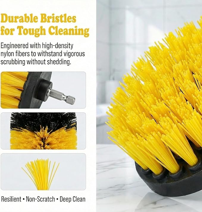 Drill Brush Attachment Set, 5 Pack Power Scrubber Cleaning Brush Kit with Extension Rod for Bathroom, Tub, Tile, Grout, Kitchen, Floor and Wheel Rims (Yellow)