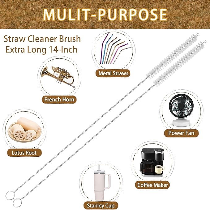 Straw Cleaner Brush Extra Long 14 Inch, 8-PCS Straw Brush Extra Long with 304 Stainless Steel Handle, Extra Long Pipe Tube Cleaner for Water Bottle, Coffee Kettle and Pipes.