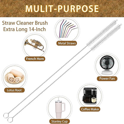 Straw Cleaner Brush Extra Long 14 Inch, 8-PCS Straw Brush Extra Long with 304 Stainless Steel Handle, Extra Long Pipe Tube Cleaner for Water Bottle, Coffee Kettle and Pipes.