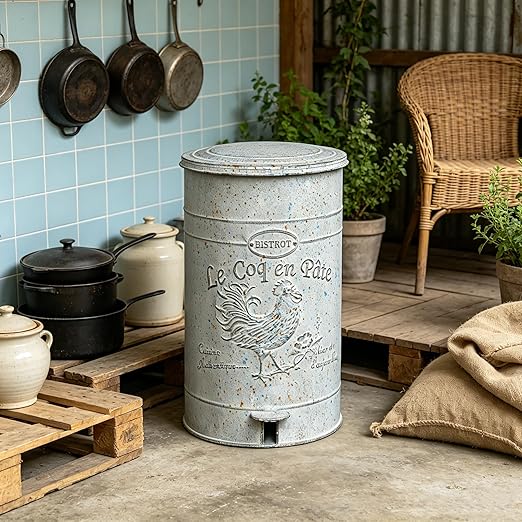 Rustic Farmhouse Decor Trash Can with Lid and Pedal Retro Handmade Distressed Design Rooster Pattern Round Garbage Cans Recycling Waste Bin for Home Patio Yard Bathroom Kitchen Garden Living Room Park