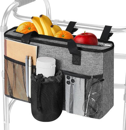 Rhino Valley Walker Bag, Large Capacity Walker Accessories Storage Bag with Multi Pockets & Cup Holder, Walker Basket with 4 pockets for Universal Walkers for Seniors, Gray