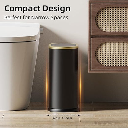 KSSKSS 1.8 Gallons Small White Bathroom Trash Can with Lid, Slim Bathroom Garbage Bin, Dog Proof Trash Can with Pop-Up Lid for Bedroom,Toile, Black