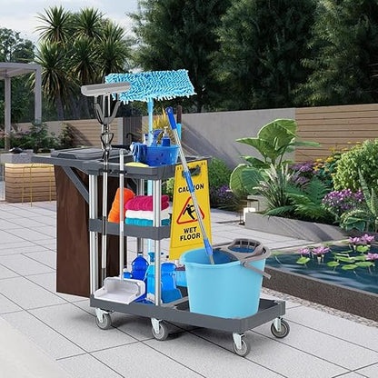 Garvee Commercial Janitorial Cleaning Cart on Wheels, Traditional Janitorial Cart with Cover and Vinyl Bag, Custodial Cart, 3-Shelf Housekeeping Carts for Hotels, Stores, Schools, and Business
