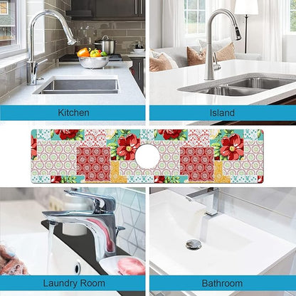 Kitchen Sink Splash Guard Faucet Mat Super Absorbent Fast Drying Mat Sink Gadgets Splash Guard Behind Faucet Drip Catcher for Kitchen (Boho Trellis, 23.5x5.5in)