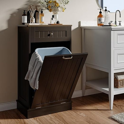 LOUVIXA Tilt Out Trash Can Cabinet, Hidden Trash Cabinet with Drawer, Wooden Dog Proof Trash Can Holder, Tilt Out Laundry Hamper, Garbage Can Holder (Black)