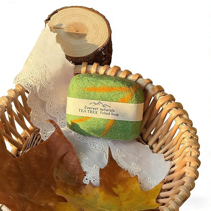 Handmade Felted Soap with Tibetan Yak Milk & Wool Natural Exfoliating Bar for Face & Body, 6 Scents, Includes Bamboo Dish & Travel Pouch (Tea plant)
