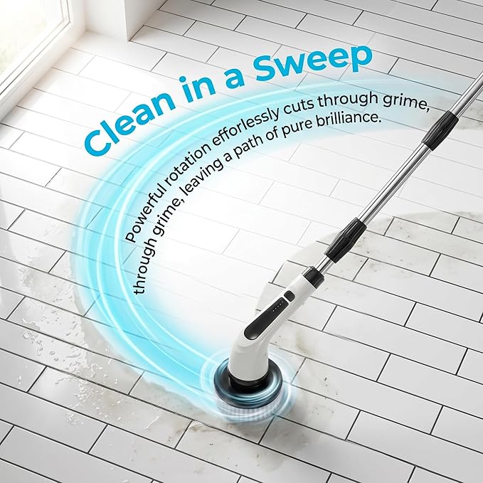 Electric Spin Scrubber - Ditch the Scrubbing! Long Handle Shower Scrubber with 9 Replaceable Heads & 2 Speed Cordless Brush in Modern White!