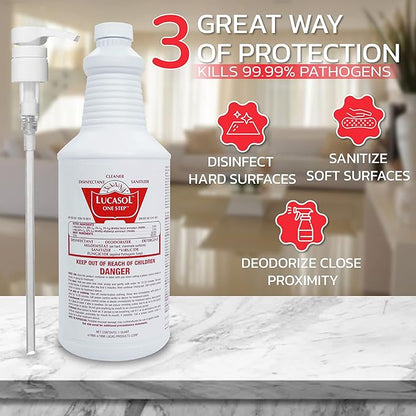 Lucasol One Step Disinfectant, 1 Quart (32 Ounce) Disinfectant & Attachable Dispenser Pump Combo, All Purpose Cleaner Disinfectant Spray For Hospitals, Schools, Salons, Household Cleaning And More.