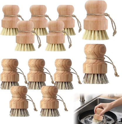 12 Pcs Bamboo Dish Brush Set, Palm Wooden and Sisal Bristles Dish Scrubber, Dish Brushes with Lanyard, Durable Wood Dishes Scrub, Natural Round Vegetable Cleaning Pots Pans Sink Washing Kitchen Brush