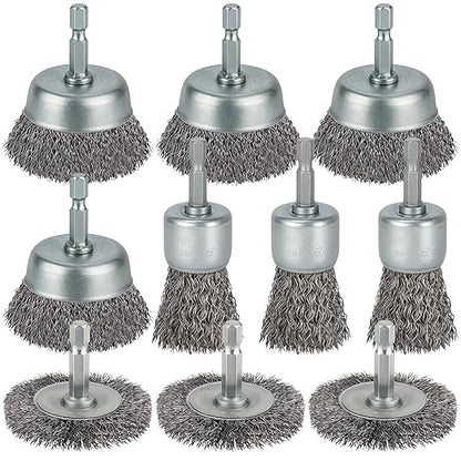10 Pcs Wire Brush for Drill, Coarse Carbon Steel Crimping Wire Wheel Brush, 1/4 Inch Hex Shank, Cup Brush Drill Bit for Cleaning Rust, Stripping and Abrasive