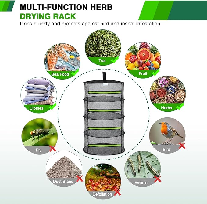 Yesker 4 Layer Herb Drying Rack Hanging Mesh Net Foldable Plant Drying Racks 24" w Green Zipper Pruning Shears Hook Dryer Hanging Rack for Herbs Seed Bud Fruit Clothes Grow Tent Closets Garden Outdoor