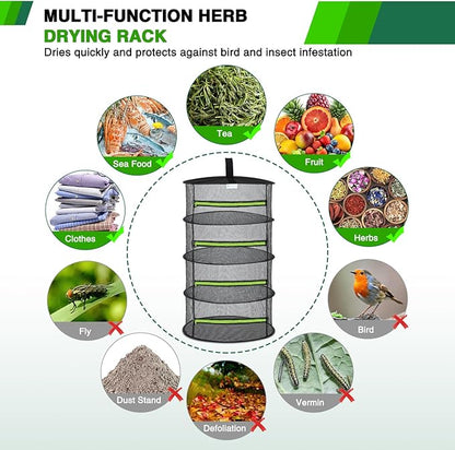 Yesker 4 Layer Herb Drying Rack Hanging Mesh Net Foldable Plant Drying Racks 24" w Green Zipper Pruning Shears Hook Dryer Hanging Rack for Herbs Seed Bud Fruit Clothes Grow Tent Closets Garden Outdoor