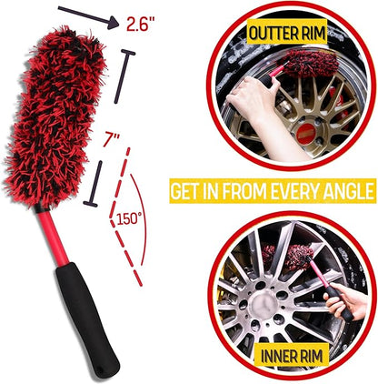 oesee Metal Free Microfiber Wheel Brush Kit- Microfiber Angled Wheel Brush, Long Handle Wheel Brush, Tire& Detailing Brush, Wheel Wash Mitt. Hands-On Wheel Detailing Kit for Daily Wheel Cleaning