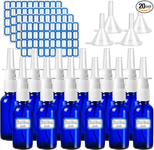 20 Pcs Nasal Spray Bottles, 30ML/1oz Blue Glass Refillable Fine Mist Empty Nasal Spray Bottle with 4 Funnels and 4 Labels