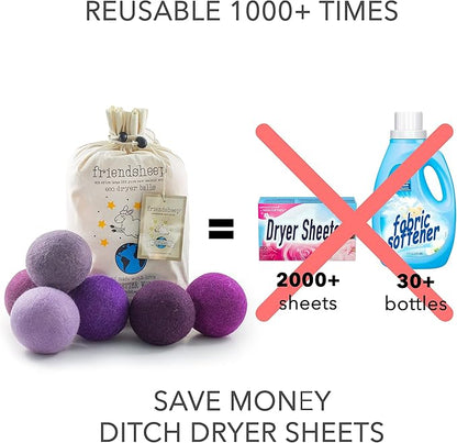 Friendsheep Wool Dryer Balls, Organic Reusable Fabric Softener Alternative for Laundry, Handmade, Fair Trade, Hypoallergenic, Eco-Friendly, Plastic-Free (6 Pack XL - Purple Haze)