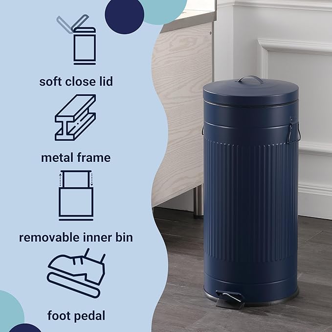 happimess HPM1018D Theo Retro 8-Gallon Step Trash Can with Soft-Close Lid and Free Mini Trash Can for Home, Kitchen, Bathroom, Living Room, Office, Denim Blue