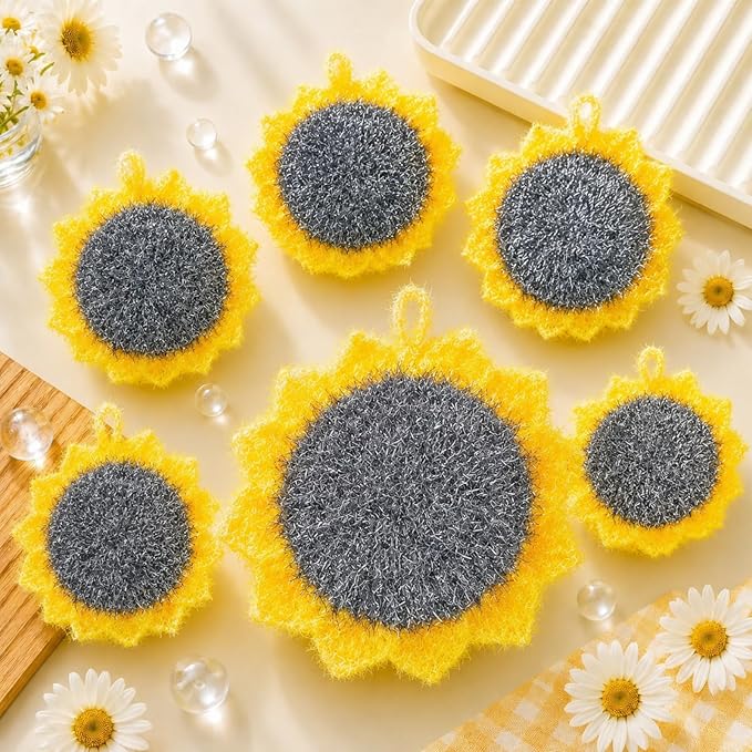 Breling 6 Piecs Sunflower Shape Dish Sponge Dual Sided Non Scratch Dish Washing Scrubbers, Reusable Household Cleaning Kitchen Tools for Dishwashing Washing Dishes Cookware(Sunflower)