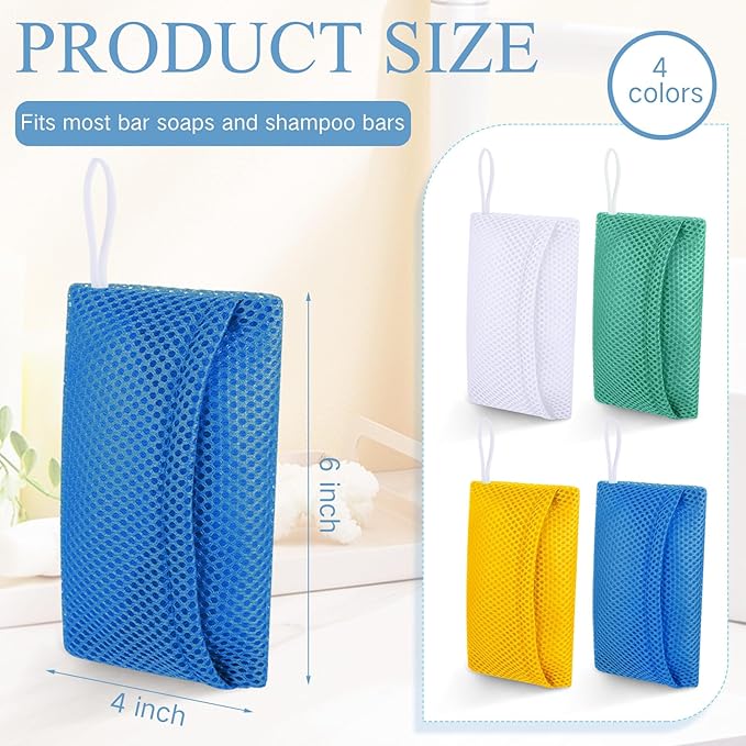 Sunnyray 4 Pieces Soap Saver Pouch for Bar Soap, Loofah Bath Scrubber Exfoliating Sponge for Baths and Showers, Soap Saver Holder Foaming and Drying Pocket Wash Bag, White Yellow Blue Cyan