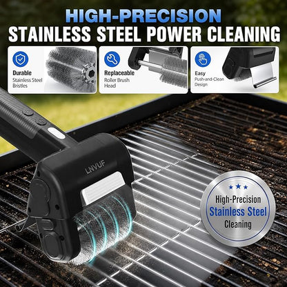 Electric Grill Brush, Grill Cleaner with LED Light, with 800 RPM Motor, 304 Removable Stainless Steel Brush Head, Cordless & Type-C Rechargeable for BBQ, Heavy Duty Grill Cleaning Tool (Black)