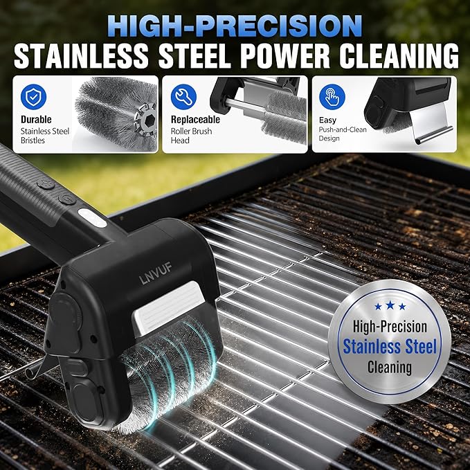 Electric Grill Brush, Grill Cleaner with LED Light, with 800 RPM Motor, 304 Removable Stainless Steel Brush Head, Cordless & Type-C Rechargeable for BBQ, Heavy Duty Grill Cleaning Tool (Grey Black)