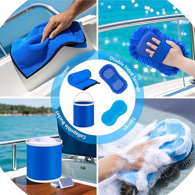 Boat Wash Cleaning Kit with Collapsible Bucket Boat Scrubbing Brush Glove Boat Scuff Sponge Microfiber Towel Complete Interior Exterior Fiberglass Boat Hull Cleaning Set for Boat