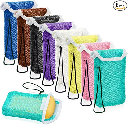 8 Pcs Soap Saver Pouch Body Scrubber Exfoliator and Holder Loofah Savers for Bar Wash Soap Bag with Rope Exfoliating Sponge for Bath Shower Travel Face Hand Women, 8 Colors