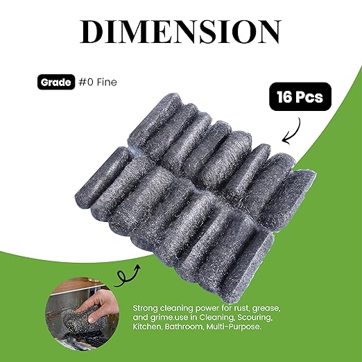 Steel Wool Grade # 0 - Fine Grade - 16 Pads Multi-use for Cleaning, Scouring, Kitchen, Bathroom, Multi-Purpose (#0-16 Pads)
