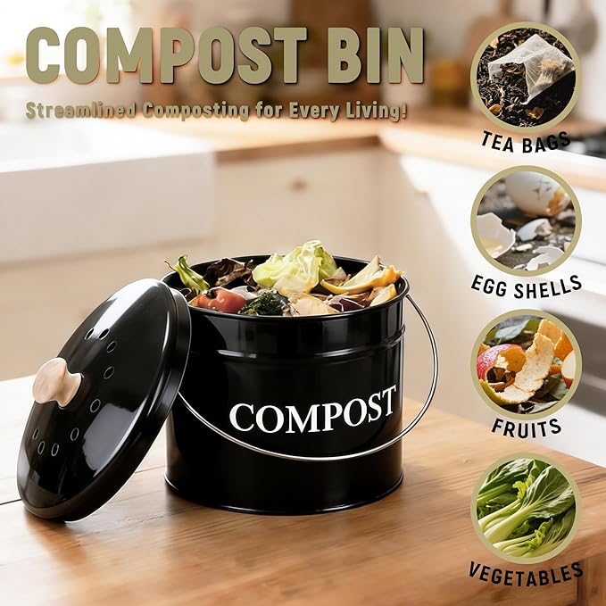 Compost Bin - 1 Gallon Countertop Composter with Lid and Charcoal Filters, Rust Proof Indoor Bucket for Kitchen Food Waste
