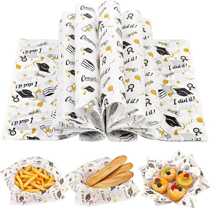 FOIMAS 150pcs Graduation Wax Paper,9.8 x 9.8 Inch Congrats Grad Food Deli Paper Grad Cap Sandwich Basket Liner for 2026 Graduation Party Kitchen Supply
