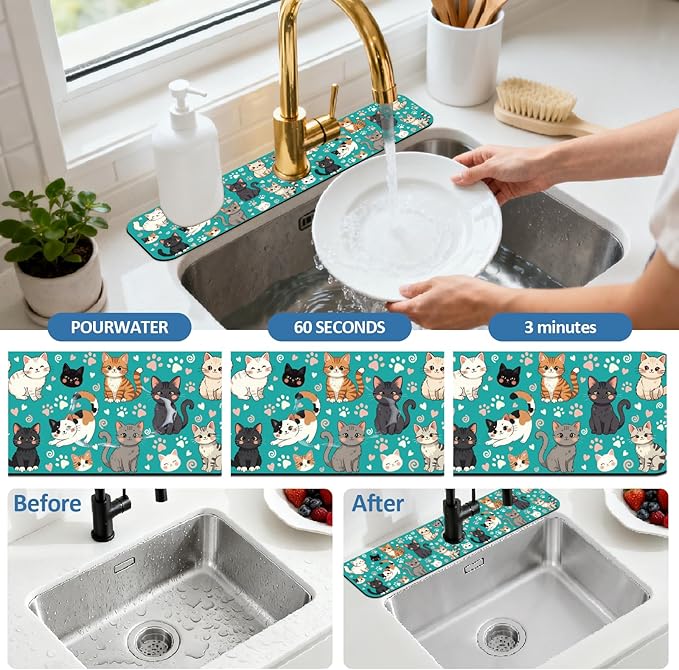 2 Pcs Kitchen Sink Splash Guard Faucet Mat Various Cats Pattern Faucet Mat for Sinks Paw Prints Absorbing Drying Mats for Kitchen Bathroom, 23.6x5.5inch