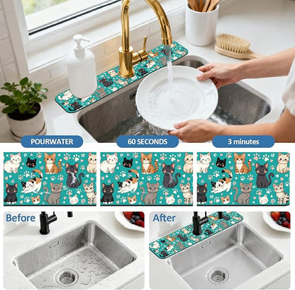 2 Pcs Kitchen Sink Splash Guard Faucet Mat Various Cats Pattern Faucet Mat for Sinks Paw Prints Absorbing Drying Mats for Kitchen Bathroom, 23.6x5.5inch