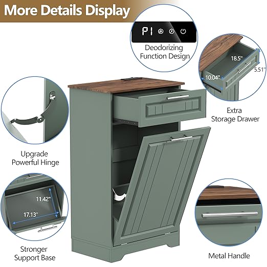 Single 10 Gallon Tilt Out Trash Can Cabinet with Deodorizing Function, Wooden Hidden Garbage Can Holder with Storage Drawers for Kitchen and Dining Room, Laundry Hamper Cabinet for Bathroom, Green