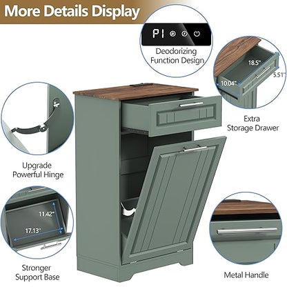 Single 10 Gallon Tilt Out Trash Can Cabinet with Deodorizing Function, Wooden Hidden Garbage Can Holder with Storage Drawers for Kitchen and Dining Room, Laundry Hamper Cabinet for Bathroom, Green