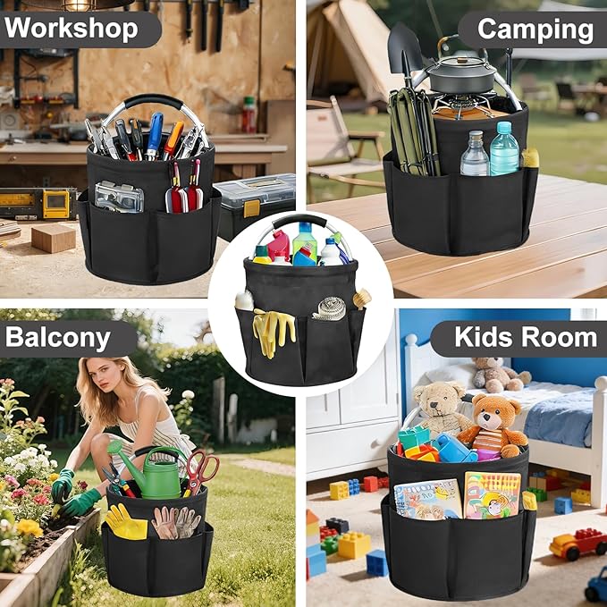 Qivine Cleaning Caddy for Cleaning Supplies, 17L Cleaning Supply Caddy with Handle Foldable Cleaning Supplies Organizer Bucket Tool Bag Organizer Cleaning Products Organizers for Home, Garden (Black)