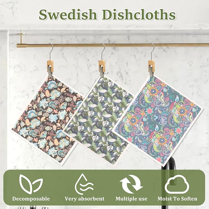 8Pcs Swedish Dishcloths for Kitchen, Quick-Drying Reusable Paper Towels, Absorbent Washable Kitchen Dish Rags, Soft Cellulose Sponge Cloths for Countertop Sink Flower Bird (8pcs Floral Fragments)