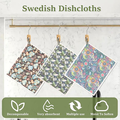 8Pcs Swedish Dishcloths for Kitchen, Quick-Drying Reusable Paper Towels, Absorbent Washable Kitchen Dish Rags, Soft Cellulose Sponge Cloths for Countertop Sink Flower Bird (8pcs Floral Fragments)