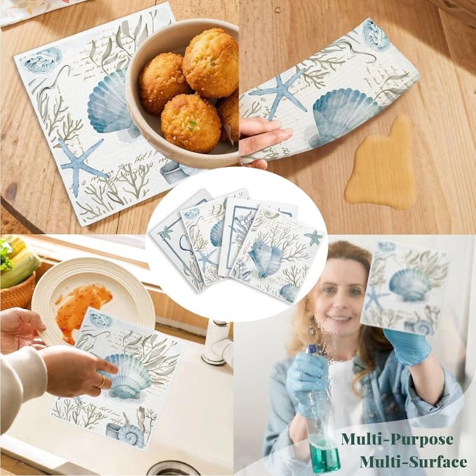 Beach Swedish Dishcloths for Kitchen, 4 Pack Watercolor Dish Towels for Kitchen, Blue Swedish Dish Cloths, Reusable Paper Towels Washable, Sponge Cloths