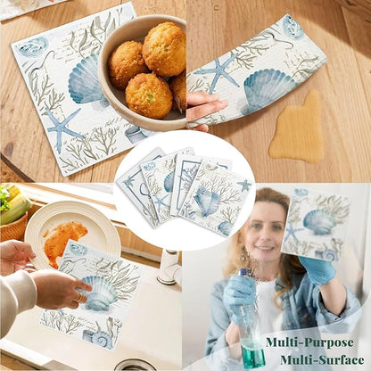 Beach Swedish Dishcloths for Kitchen, 4 Pack Watercolor Dish Towels for Kitchen, Blue Swedish Dish Cloths, Reusable Paper Towels Washable, Sponge Cloths