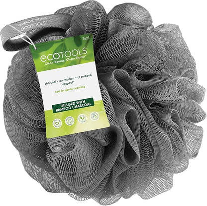 EcoTools Charcoal EcoPouf, Loofah Sponge for Bath & Shower, Infused Pouf, Recycled Netting, Exfoliation Removes Dead Skin, Eco-Friendly Bath Accessory, Cruelty-Free, Color May Vary, 1 Count (60g)