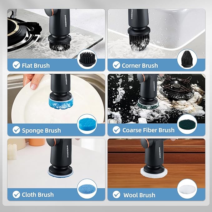 Electric Spin Scrubber,Cordless Shower Scrubber with LCD Display,2 Speeds Electric Scrubber with 6 Replaceable Heads,Handheld Cleaning Brush for Kitchen/Bathroom/Tile/Tub(Gray-Black)